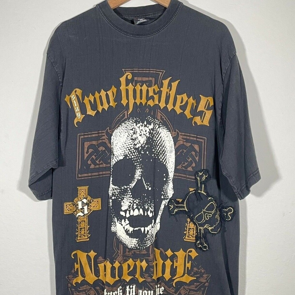 Vintage Griffin Active Wear True Hustlers Never Die Skull Black T Shirt Size 2XL